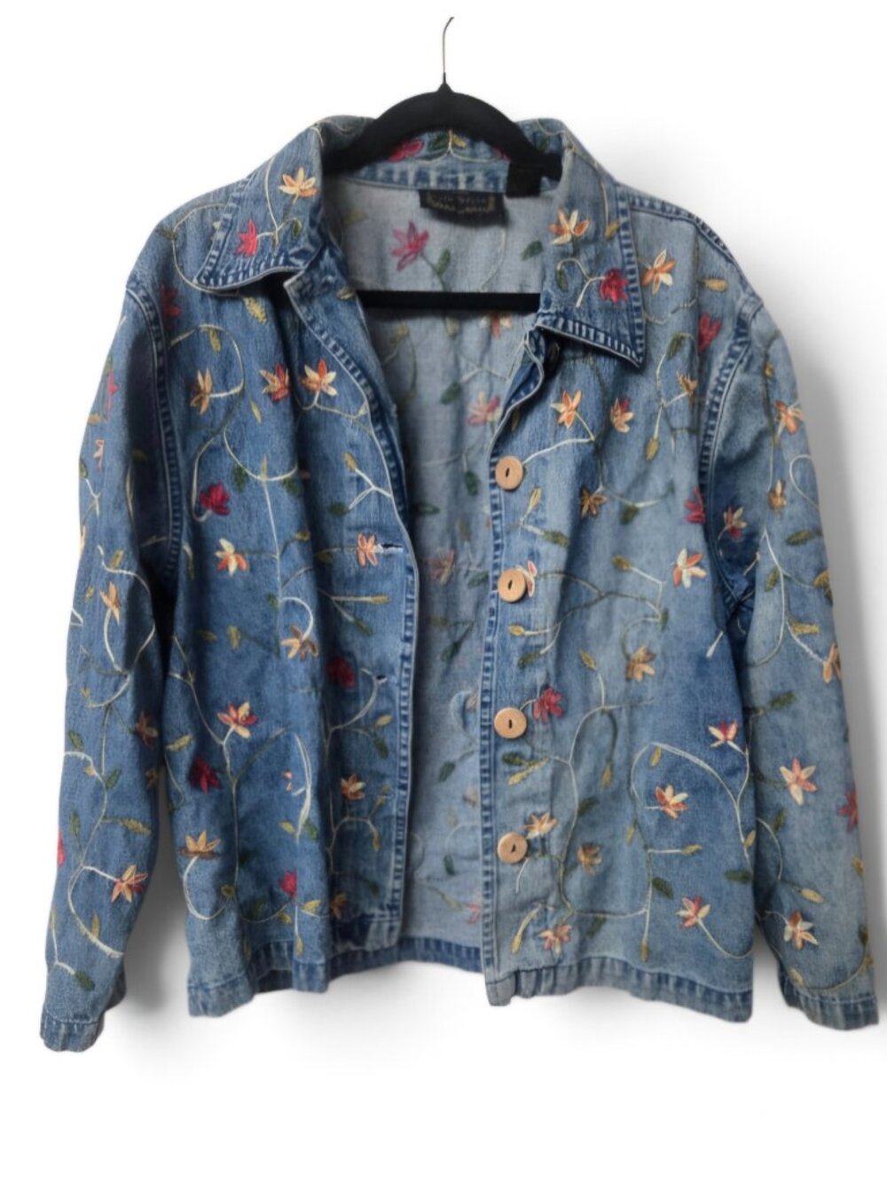 Vintage 90s Life Style Denim Jacket Large Floral Embroidery Boho Cottagecore